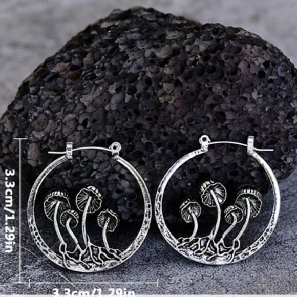 Antiqued Silver Mushroom Hoop Earrings - Picture 2 of 4